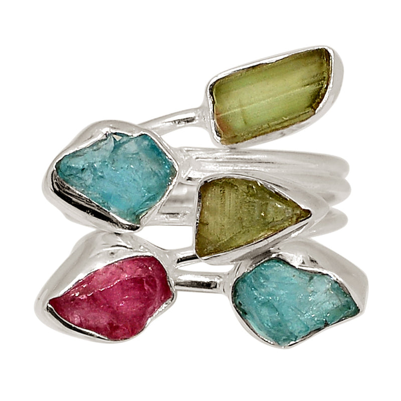 Designer - Pink & Green Tourmaline & Neon Blue Apatite Rough Ring - DSNR115