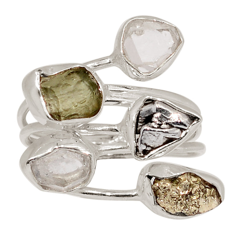 Designer - Moldavite, Herkimer Diamond, Mexican Pyrite Druzy & Meteorite Campo Del Cielo Ring - DSNR118