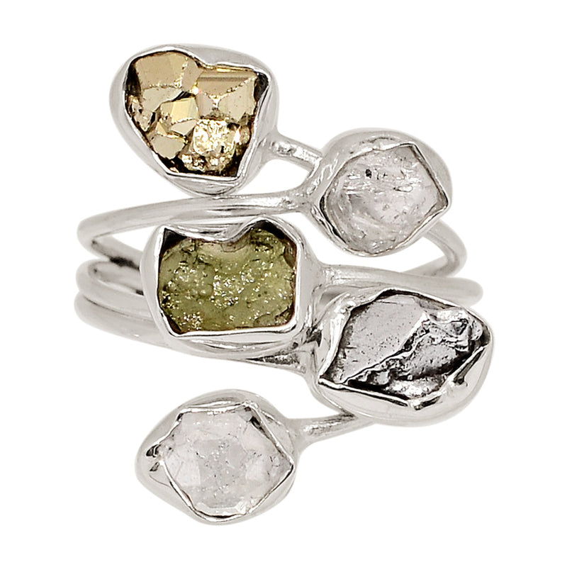 Designer - Moldavite, Herkimer Diamond, Mexican Pyrite Druzy & Meteorite Campo Del Cielo Ring - DSNR120