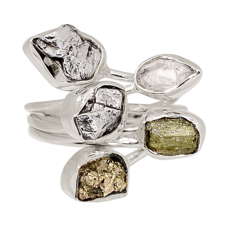 Designer - Moldavite, Herkimer Diamond, Mexican Pyrite Druzy & Meteorite Campo Del Cielo Ring - DSNR121
