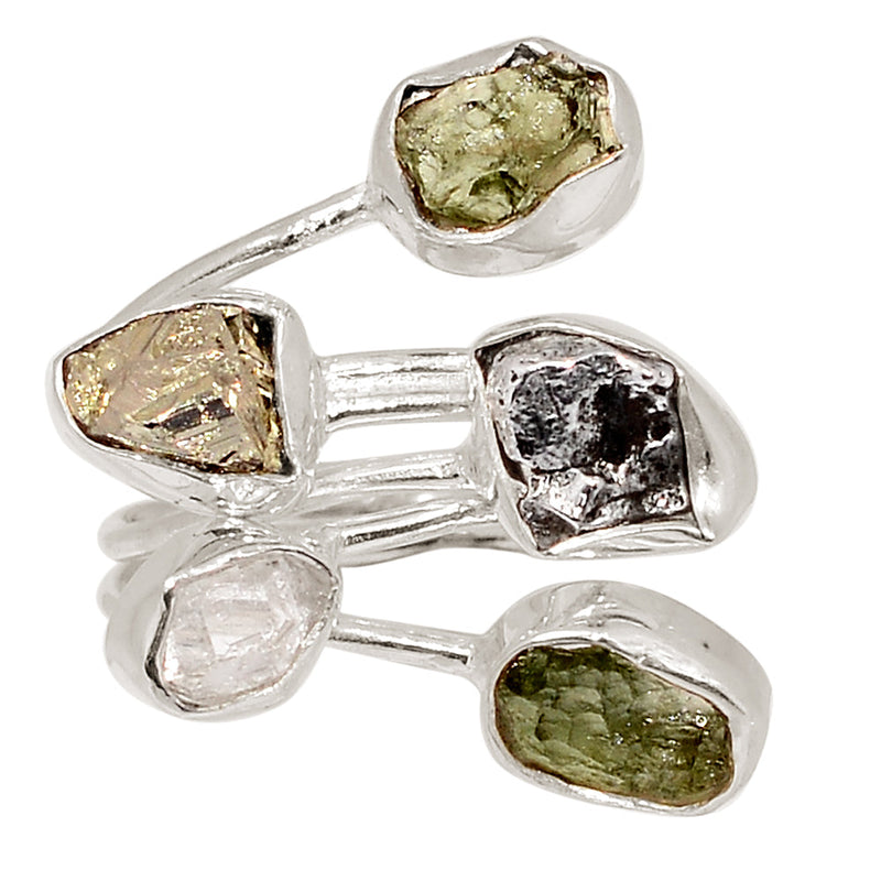 Designer - Moldavite, Herkimer Diamond, Mexican Pyrite Druzy & Meteorite Campo Del Cielo Ring - DSNR127