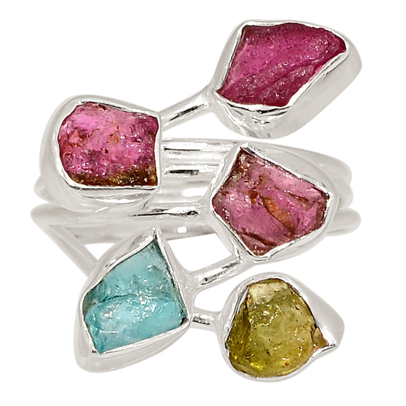 Designer - Pink & Green Tourmaline & Neon Blue Apatite Rough Ring - DSNR132