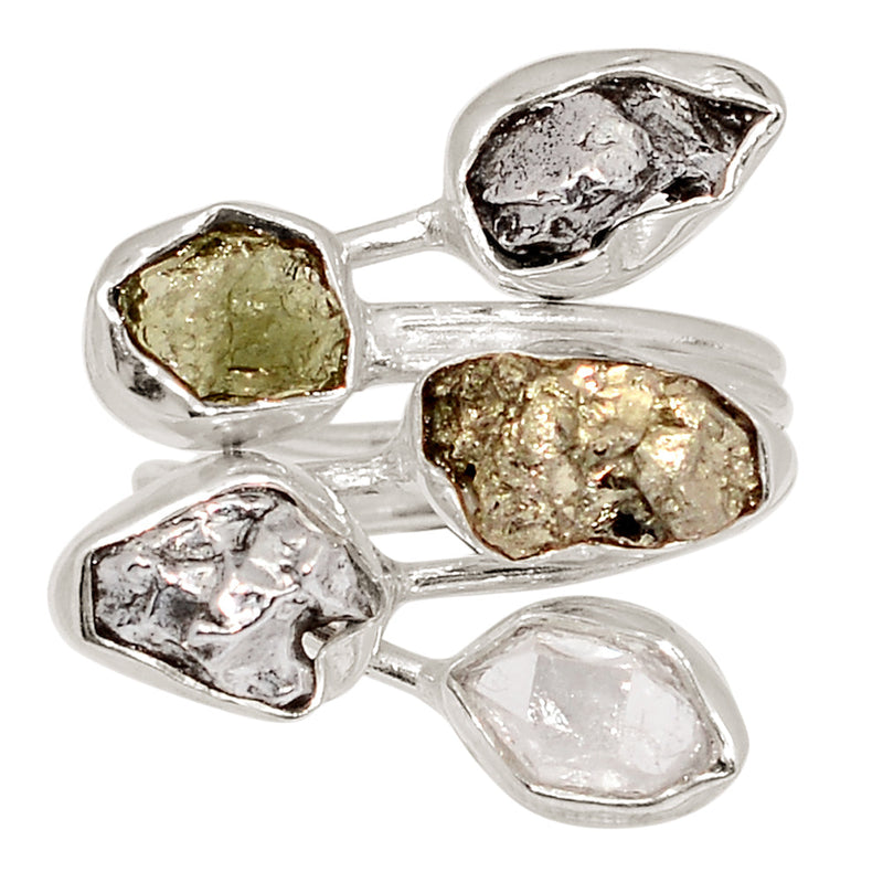 Designer - Moldavite, Herkimer Diamond, Mexican Pyrite Druzy & Meteorite Campo Del Cielo Ring - DSNR133