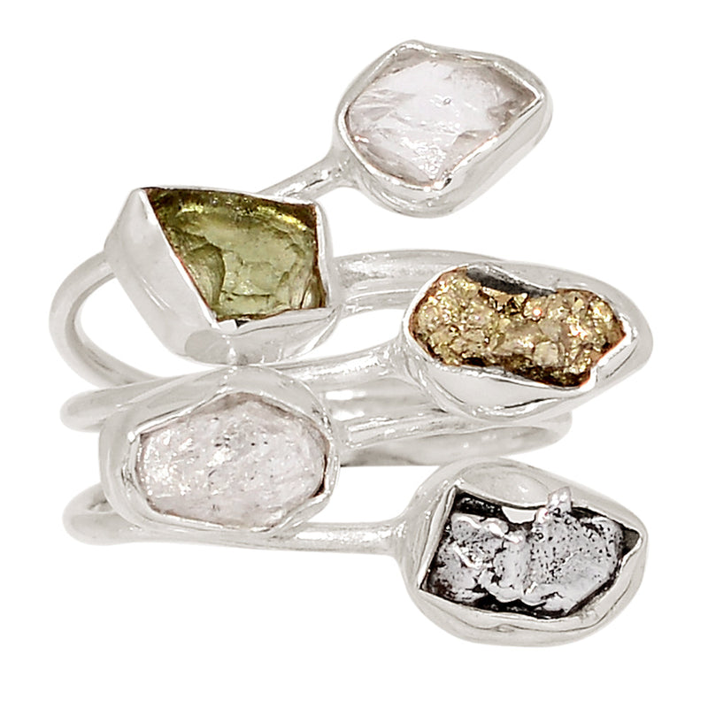 Designer - Moldavite, Herkimer Diamond, Mexican Pyrite Druzy & Meteorite Campo Del Cielo Ring - DSNR134