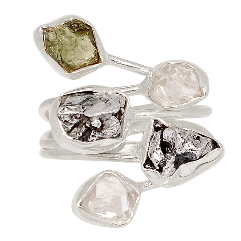 Designer - Moldavite, Herkimer Diamond, Mexican Pyrite Druzy & Meteorite Campo Del Cielo Ring - DSNR135