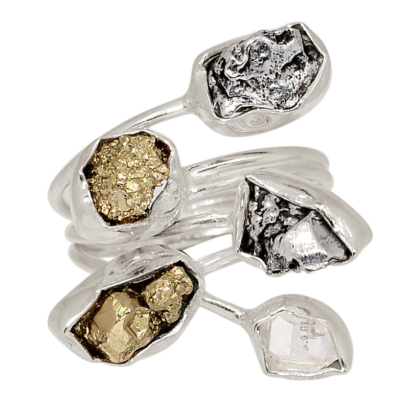 Designer - Moldavite, Herkimer Diamond, Mexican Pyrite Druzy & Meteorite Campo Del Cielo Ring - DSNR136