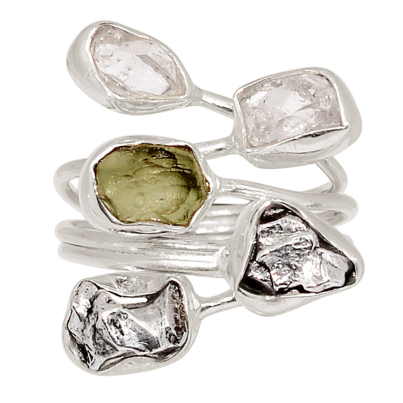 Designer - Moldavite, Herkimer Diamond & Meteorite Campo Del Cielo Ring - DSNR146