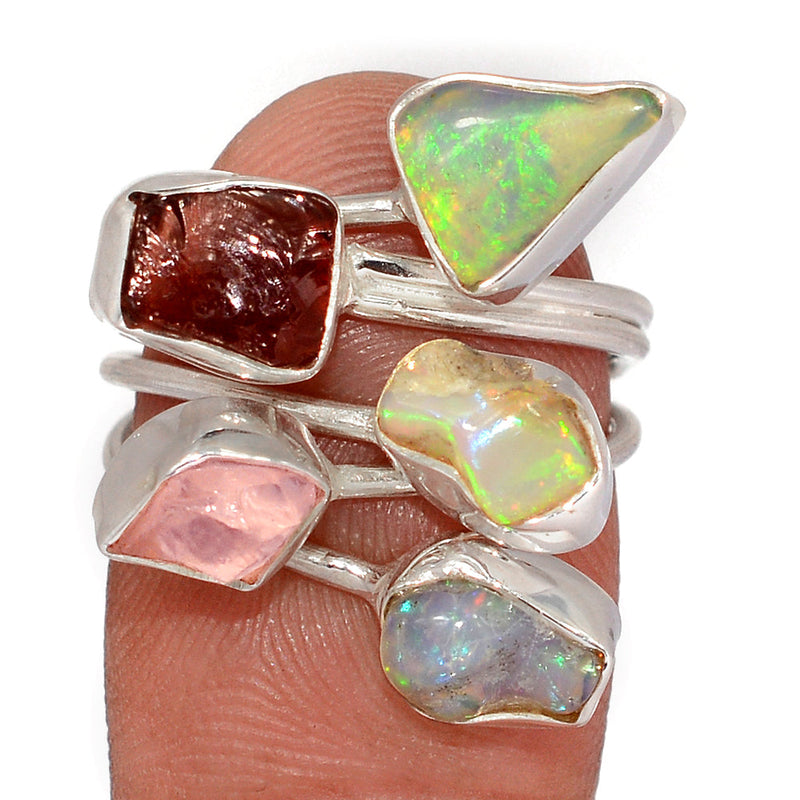 Designer - Ethiopian Opal Polish Rough, Garnet & Rose Quartz Rough Ring - DSNR152