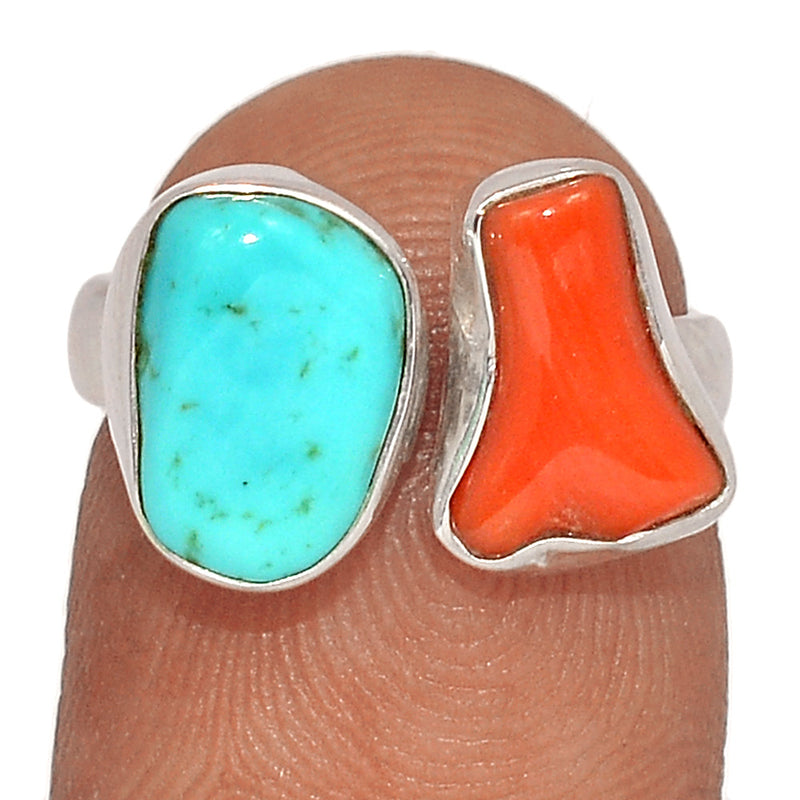 Designer - Kingman Turquoise Rough & Red Coral Ring - DSNR78