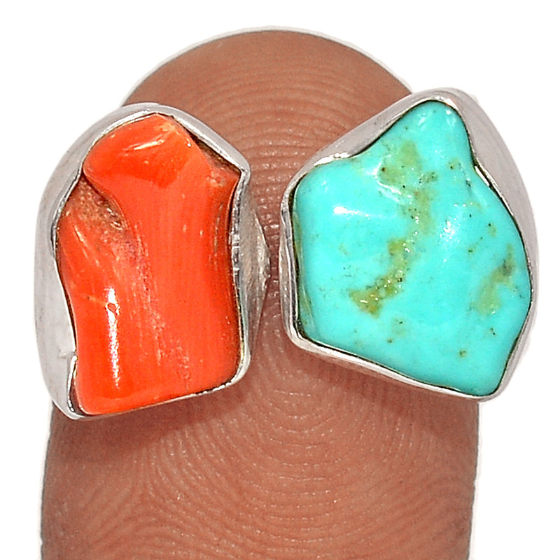 Designer - Kingman Turquoise Rough & Red Coral Ring - DSNR79