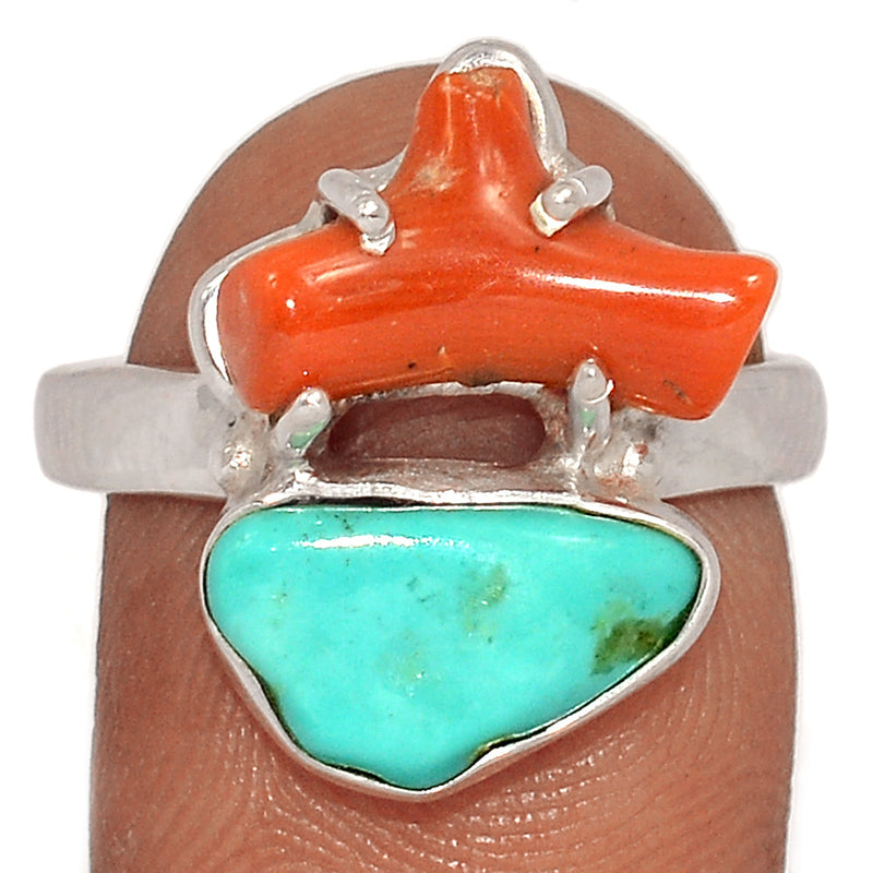 Designer - Kingman Turquoise Rough & Red Coral Ring - DSNR81