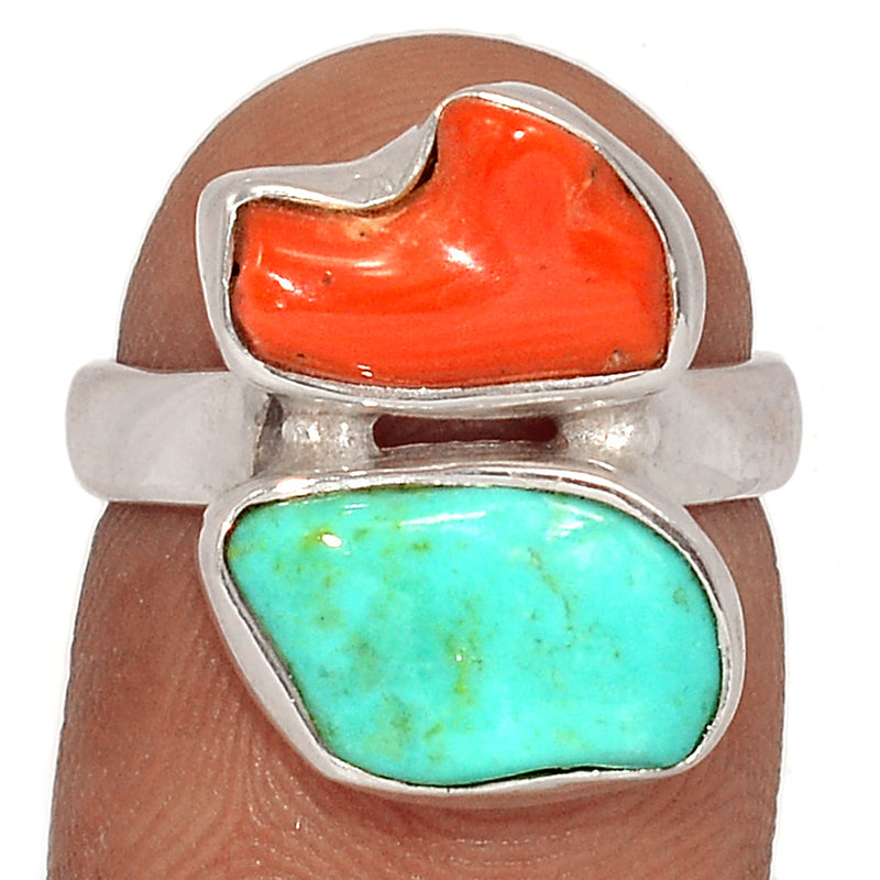 Designer - Kingman Turquoise Rough & Red Coral Ring - DSNR82