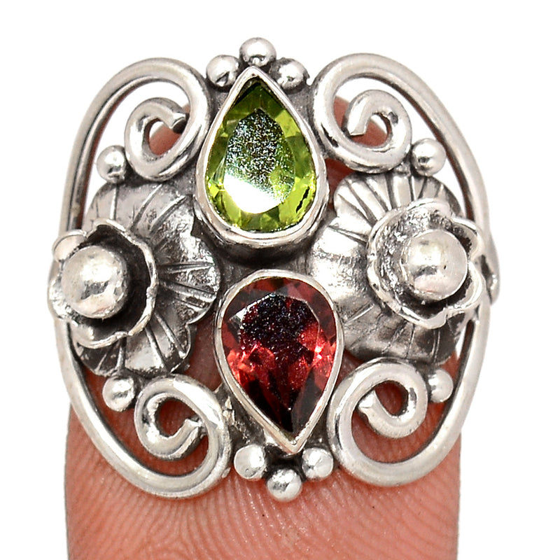 Designer - Garnet Faceted & Peridot Faceted Ring - DSNR85