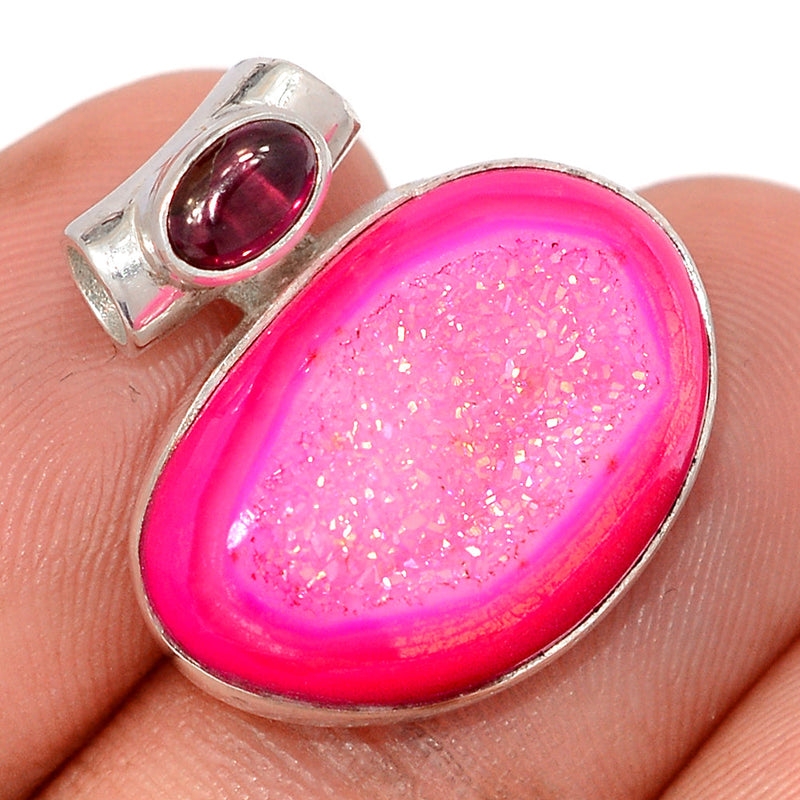 0.8" Fleece Pink Aura Druzy & Garnet Cabochon Pendants - FPDP180