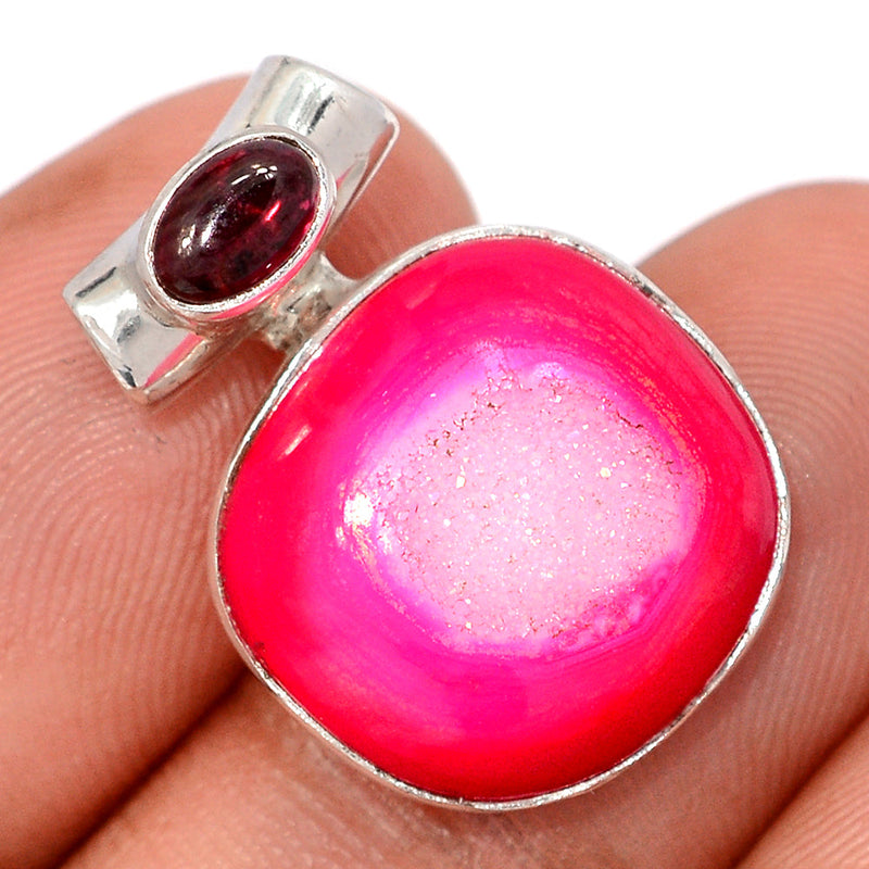1" Fleece Pink Aura Druzy & Garnet Cabochon Pendants - FPDP182