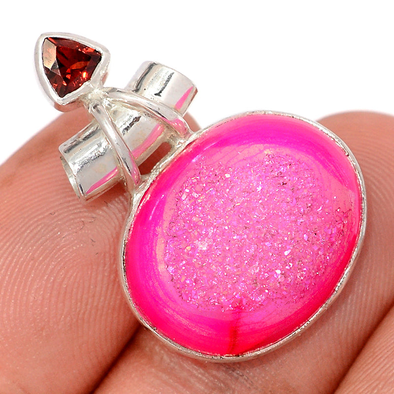 1.2" Fleece Pink Aura Druzy & Garnet Faceted Pendants - FPDP183