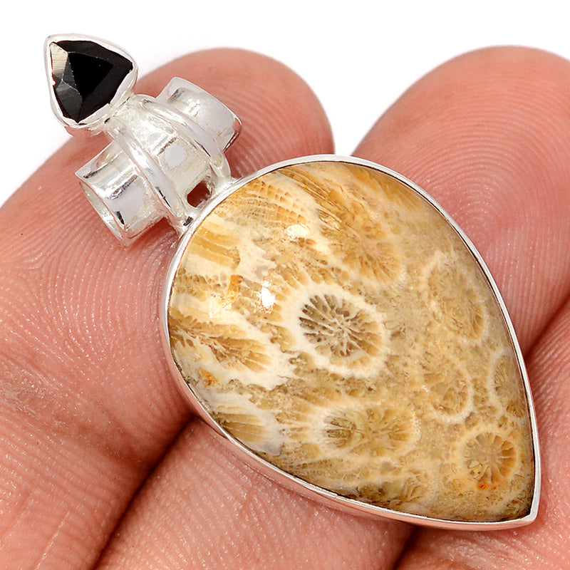1.6" Indonesian Fossil Coral & Black Onyx Faceted Pendants - FSCP442
