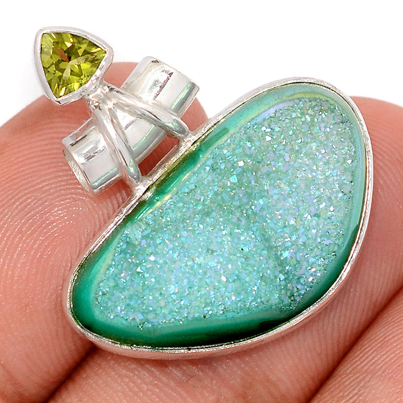 1.2" Green Aura Druzy & Peridot Faceted Pendants - GADP168