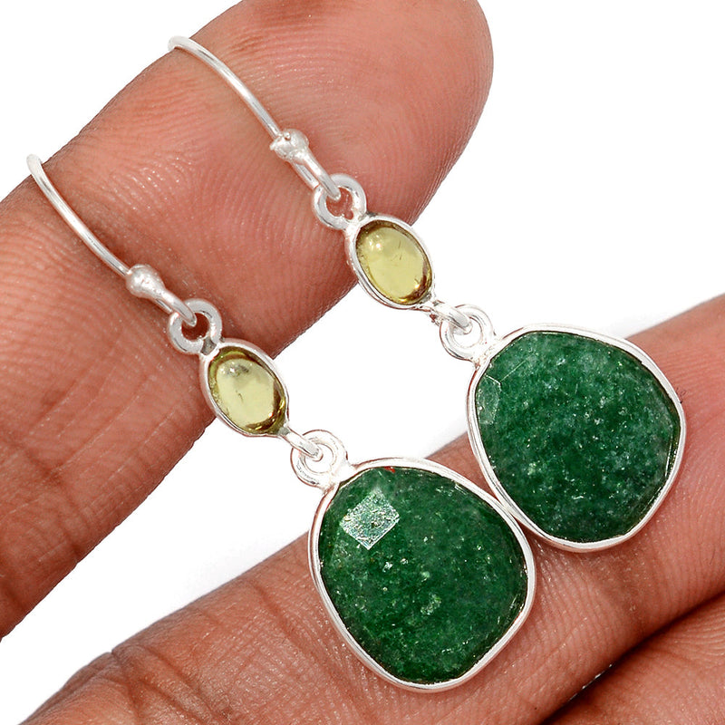 1.7" Green Aventurine Faceted & Peridot Cabochon Earrings - GAFE9