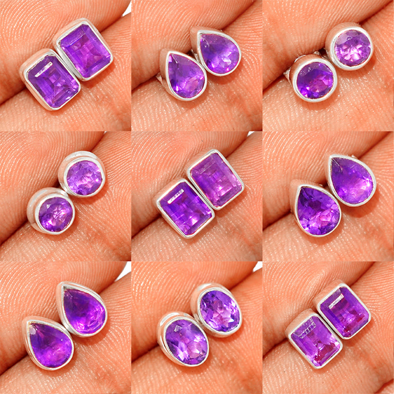9 Pieces Mix Lot - Amethyst Faceted Studs - GAMFS1