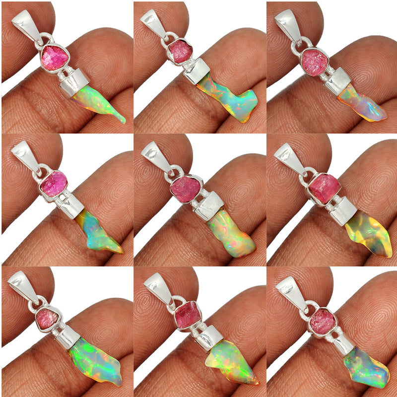 10 Pieces Mix Lot -  Ethiopian Opal Polish Rough With Pink Tourmaline Rough Pendants - GEPRP12