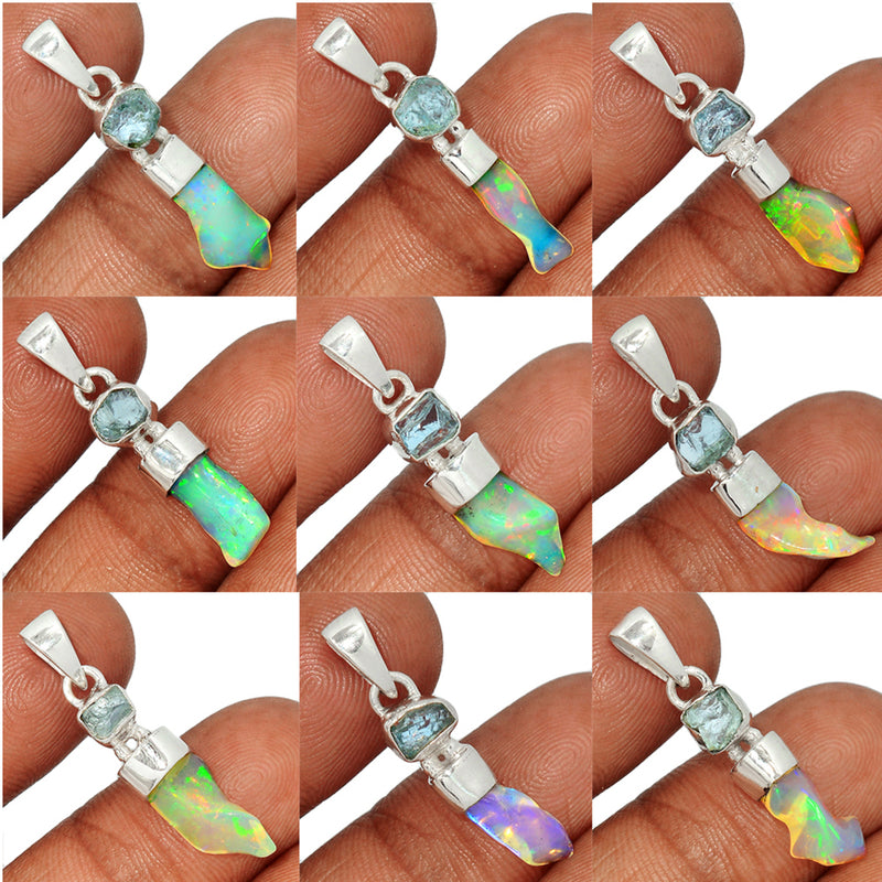 10 Pieces Mix Lot -  Ethiopian Opal Polish Rough With Aquamarine Rough Pendants - GEPRP13