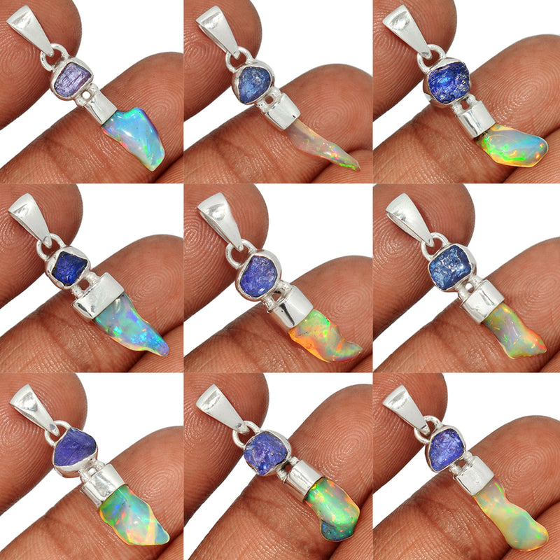 10 Pieces Mix Lot -  Ethiopian Opal Polish Rough With Tanzanite Rough Pendants - GEPRP15