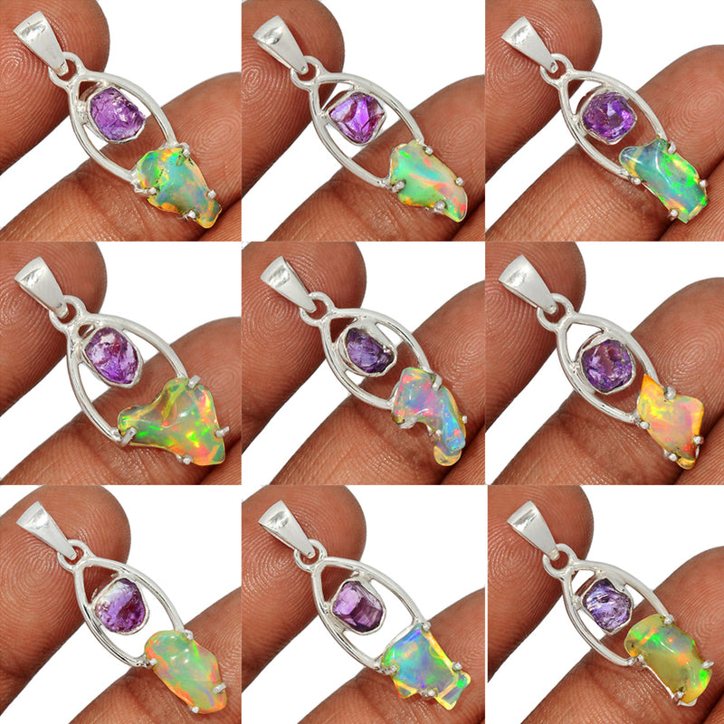 10 Pieces Mix Lot -  Ethiopian Opal Polish Rough With Amethyst Rough Pendants - GEPRP16