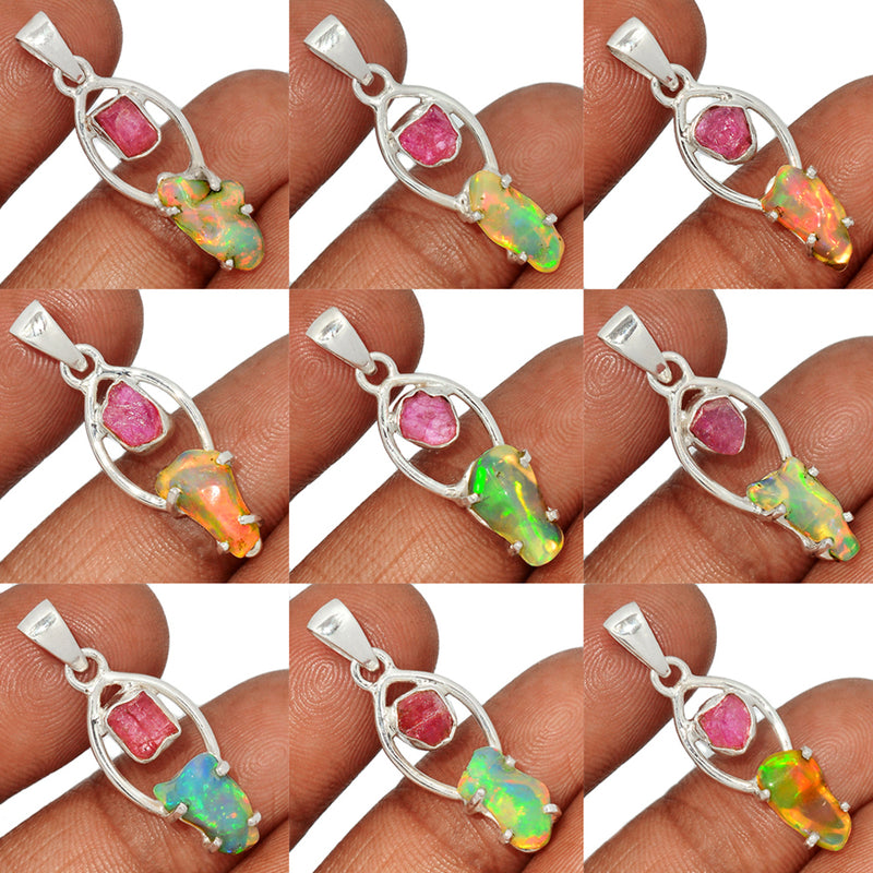 10 Pieces Mix Lot -  Ethiopian Opal Polish Rough With Pink Tourmaline Rough Pendants - GEPRP17