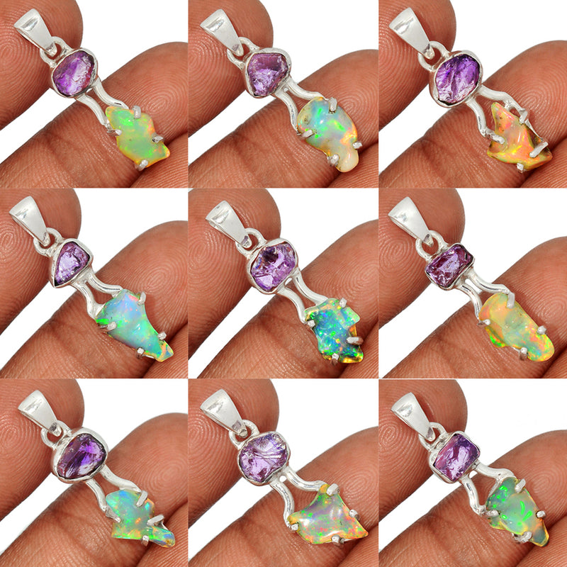 10 Pieces Mix Lot -  Ethiopian Opal Polish Rough With Amethyst Rough Pendants - GEPRP18