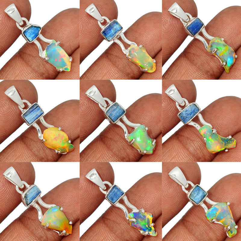 10 Pieces Mix Lot -  Ethiopian Opal Polish Rough With Blue Kyanite Rough Pendants - GEPRP20