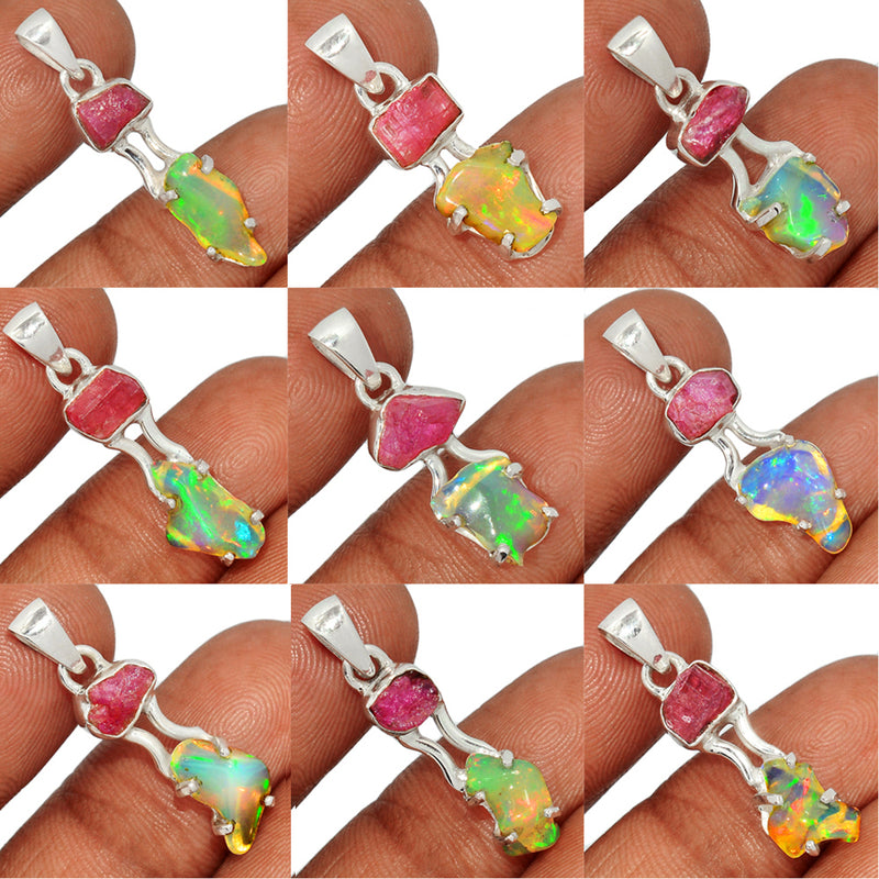 10 Pieces Mix Lot -  Ethiopian Opal Polish Rough With Pink Tourmaline Rough Pendants - GEPRP21