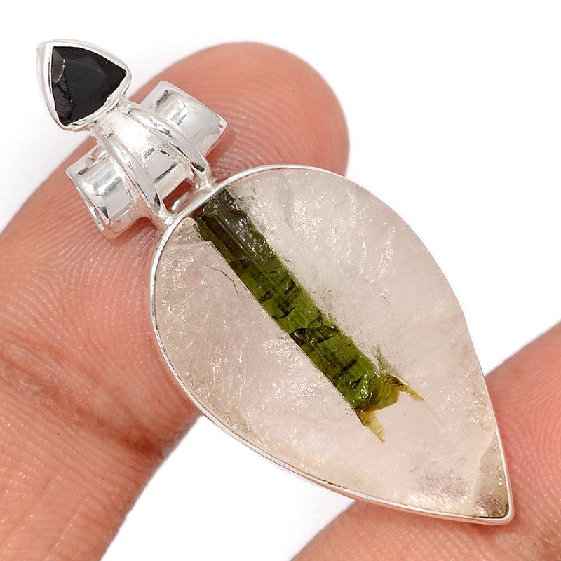 1.7" Green Tourmaline In Quartz & Black Onyx Faceted Pendants - GEQP286