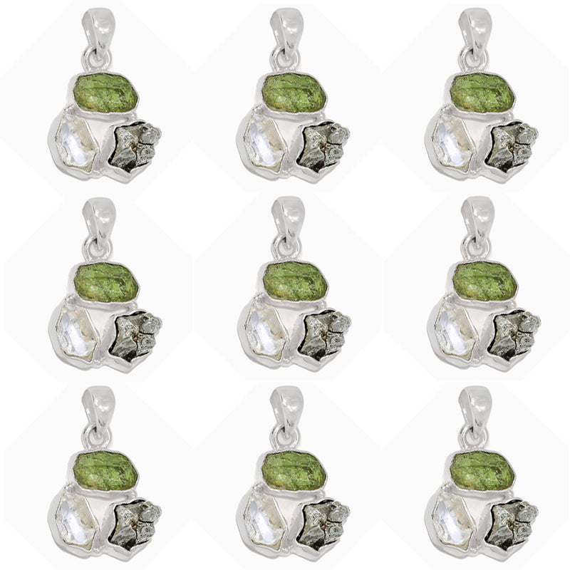 10 Pieces Mix Lot - Moldavite, Herkimer Diamond & Meteorite Campo Del Cielo Pendants - GMLDP19