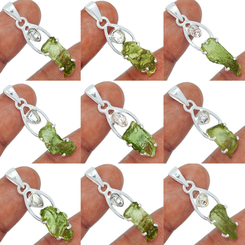 9 Pieces Mix Lot - Claw Setting - Moldavite With Herkimer Diamond Pendants - GMLDP48