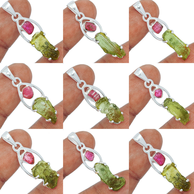 9 Pieces Mix Lot - Claw Setting - Moldavite With Pink Tourmaline Rough Pendants - GMLDP50