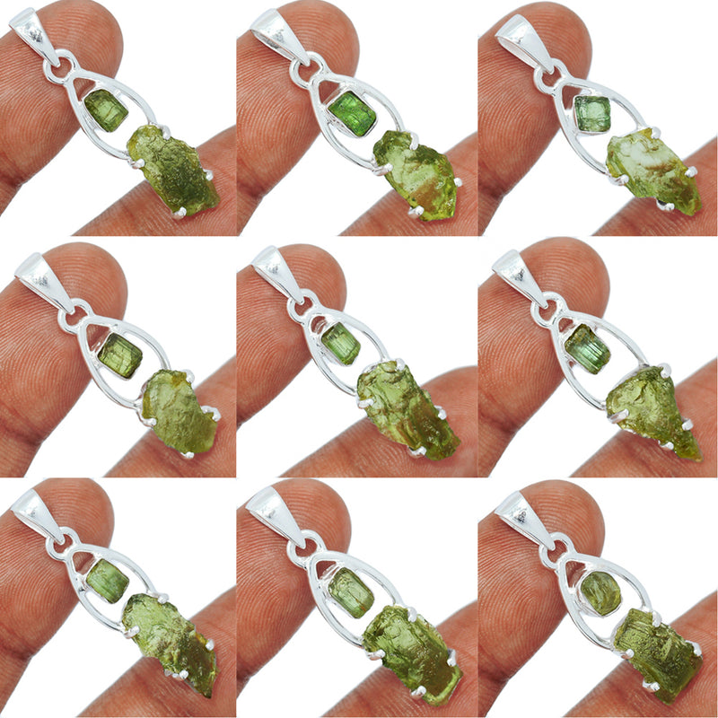 9 Pieces Mix Lot - Claw Setting - Moldavite With Green Tourmaline Rough Pendants - GMLDP51
