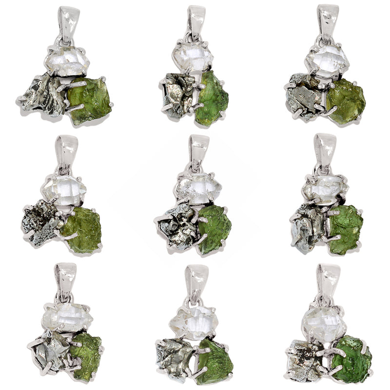 10 Pieces Mix Lot - Claw Setting - Moldavite, Herkimer Diamond & Meteorite Campo Del Cielo Pendants - GMLDP63