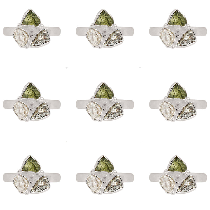 10 Pieces Mix Lot - Plain Setting - Moldavite, Herkimer Diamond & Meteorite Campo Del Cielo Ring - GMLDR17