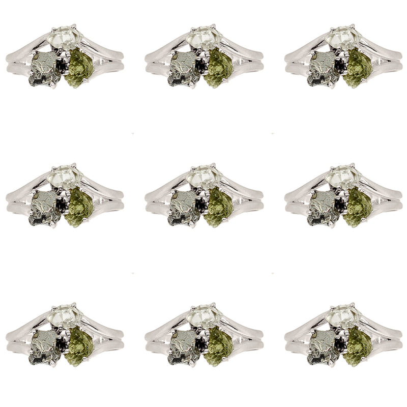 10 Pieces Mix Lot - Claw Setting - Moldavite, Herkimer Diamond & Meteorite Campo Del Cielo Ring - GMLDR18