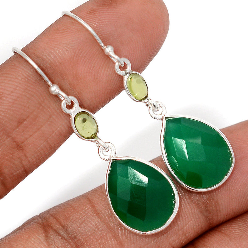 1.8" Green Onyx Faceted & Peridot Cabochon Earrings - GOFE197