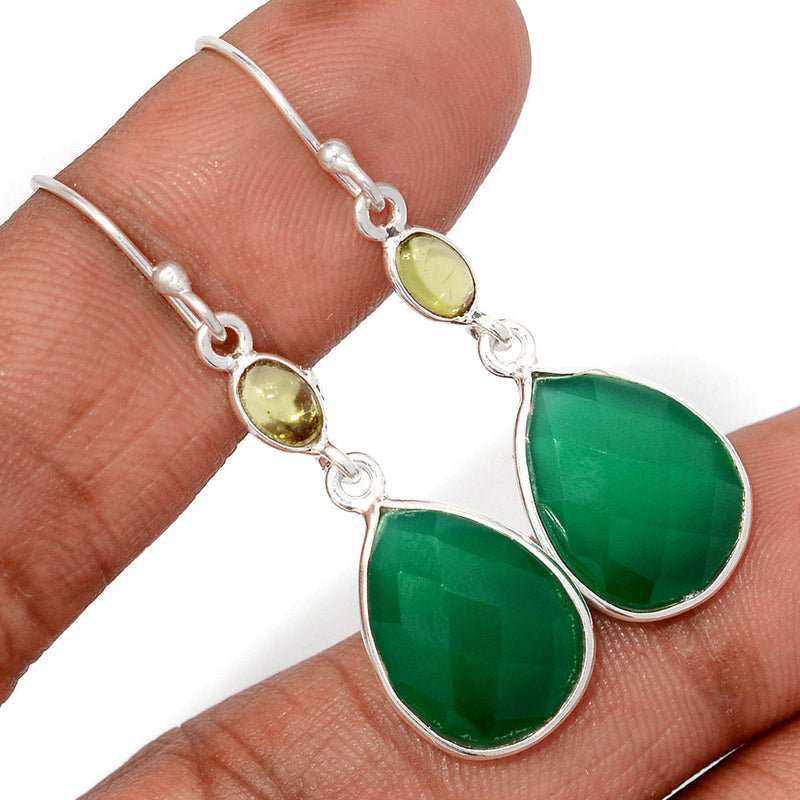 1.8" Green Onyx Faceted & Peridot Cabochon Earrings - GOFE199
