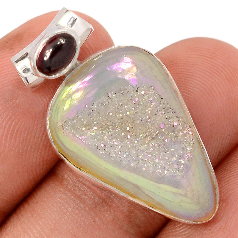 1.2" Angel Aura Druzy & Garnet Cabochon Pendants - GPWP657
