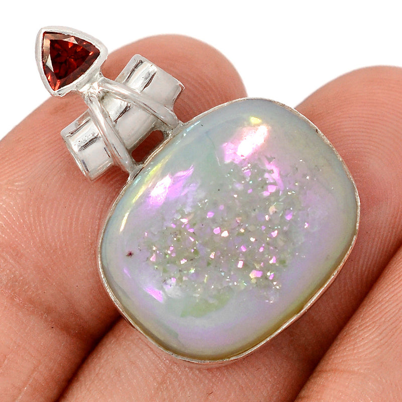 1.2" Angel Aura Druzy & Garnet Faceted Pendants - GPWP662