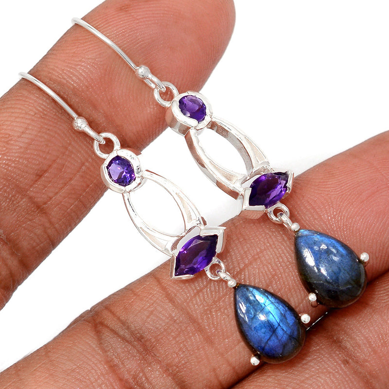 2.1" Designer - Labradorite & Amethyst Faceted Earrings - LABE1263