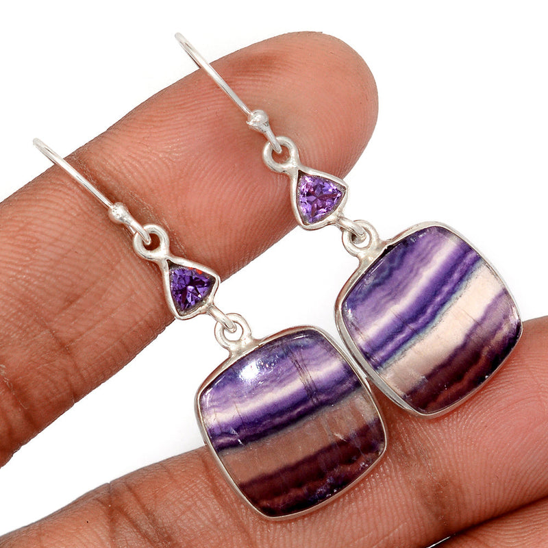 1.7" Lip Setting - Rainbow Fluorite & Amethyst Faceted Earrings - MFCE231