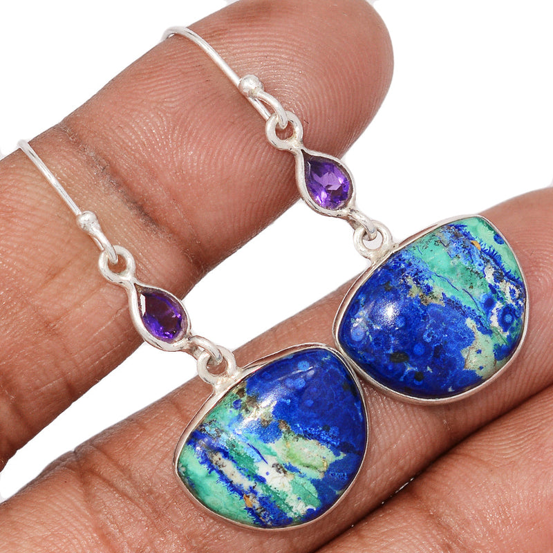 1.7" Designer - Azurite In Malachite & Amethyst Faceted Earrings - MIAE79