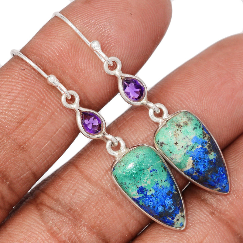 1.8" Designer - Azurite In Malachite & Amethyst Faceted Earrings - MIAE80