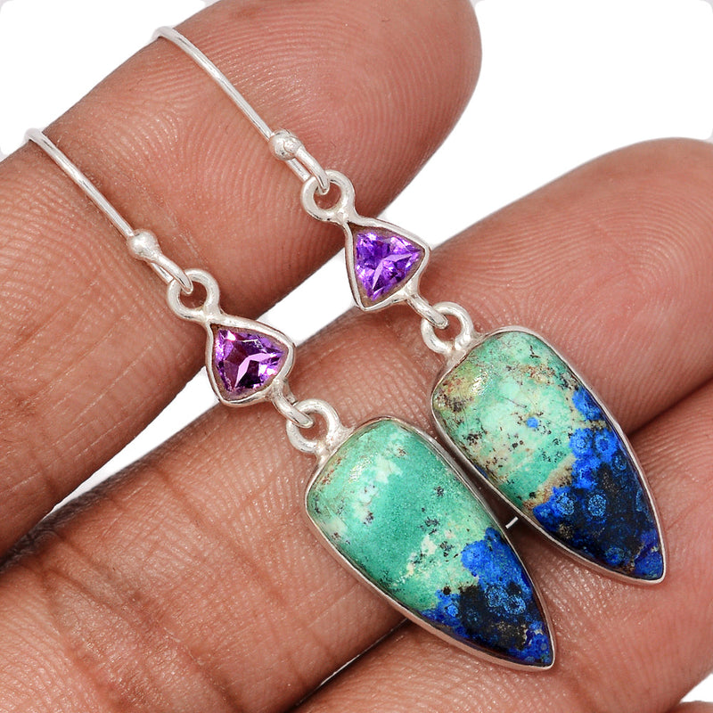 1.8" Designer - Azurite In Malachite & Amethyst Faceted Earrings - MIAE82
