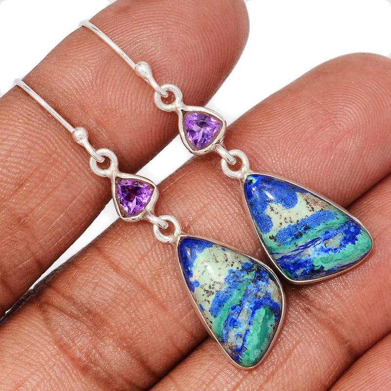 1.7" Designer - Azurite In Malachite & Amethyst Faceted Earrings - MIAE83